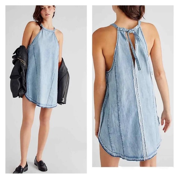 Free people Isabella light blue denim halter mini dress